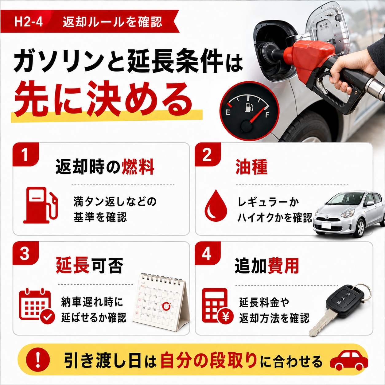 返却時のガソリンと延長ルールを確認する